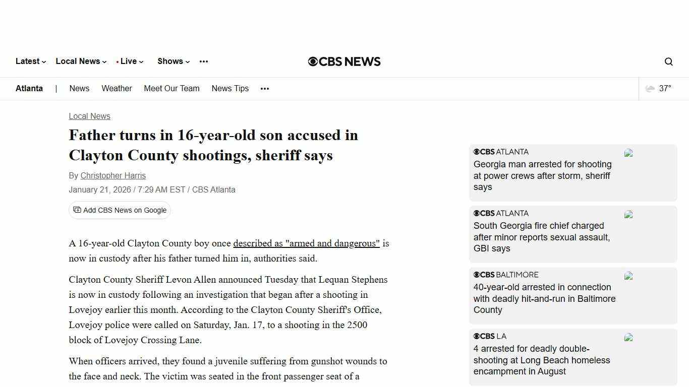 Father turns in 16-year-old son accused in Clayton County shootings, sheriff says - CBS Atlanta