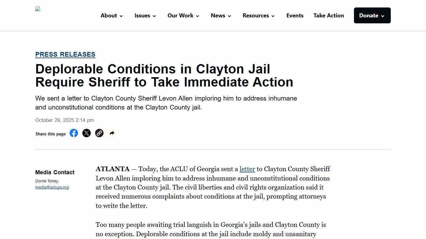 Deplorable Conditions in Clayton Jail Require Sheriff to Take Immediate Action  - ACLU of Georgia